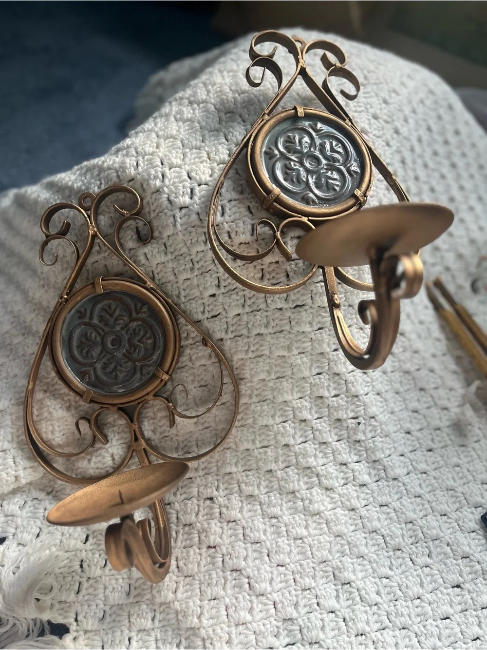Decorative Metal & Round Gray Ceramic Tile Wall Sconces in Antique Gold